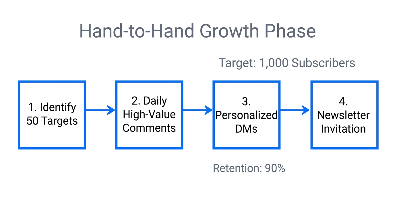 Early-stage manual growth workflow for acquiring the first 1,000 subscribers.