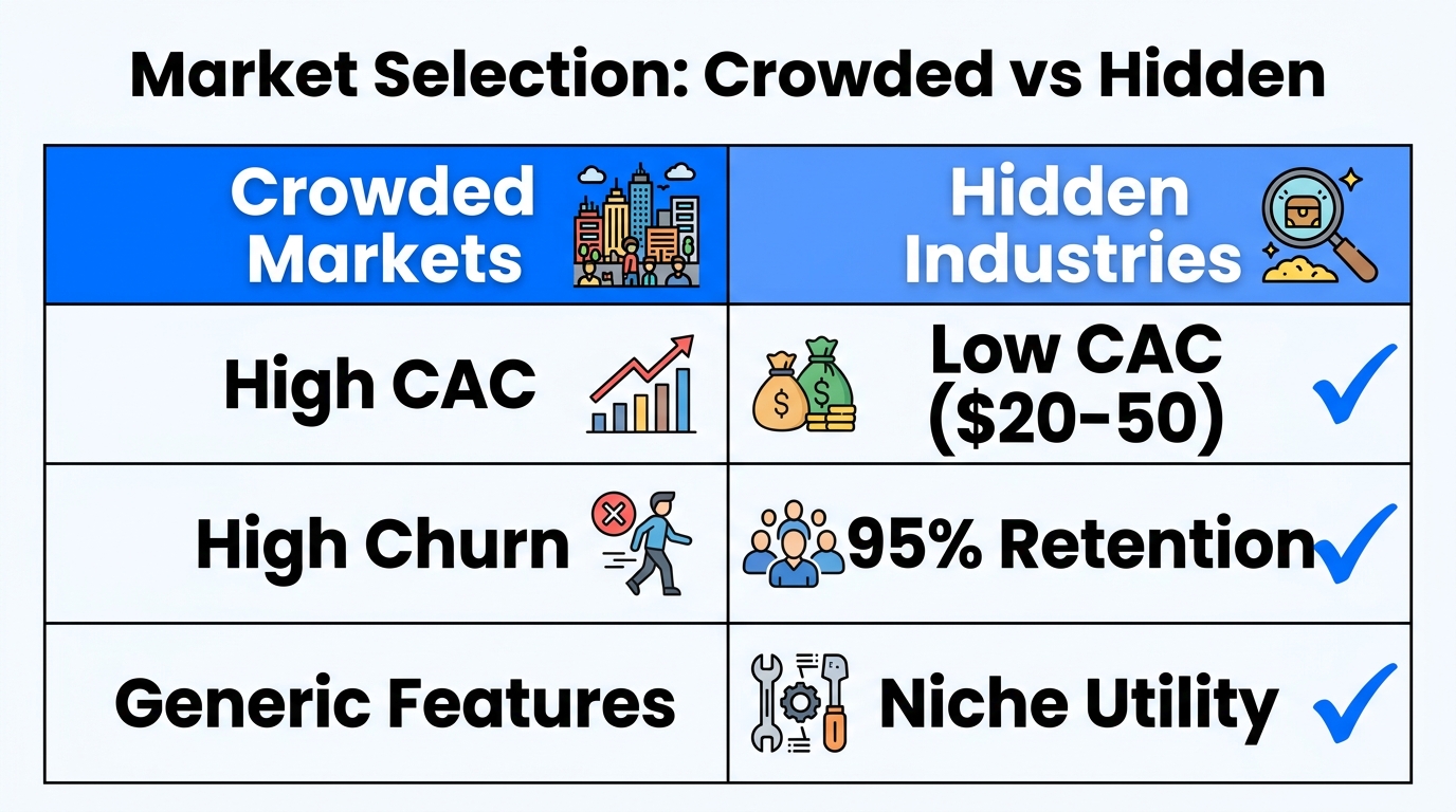 Comparison of market dynamics between crowded and hidden niche industries.