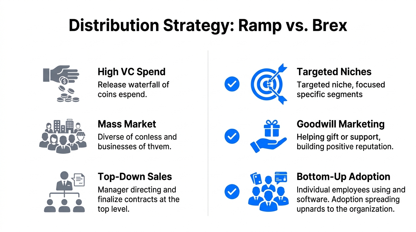 A comparison of Ramp’s niche-focused distribution vs. Brex’s mass-market strategy.