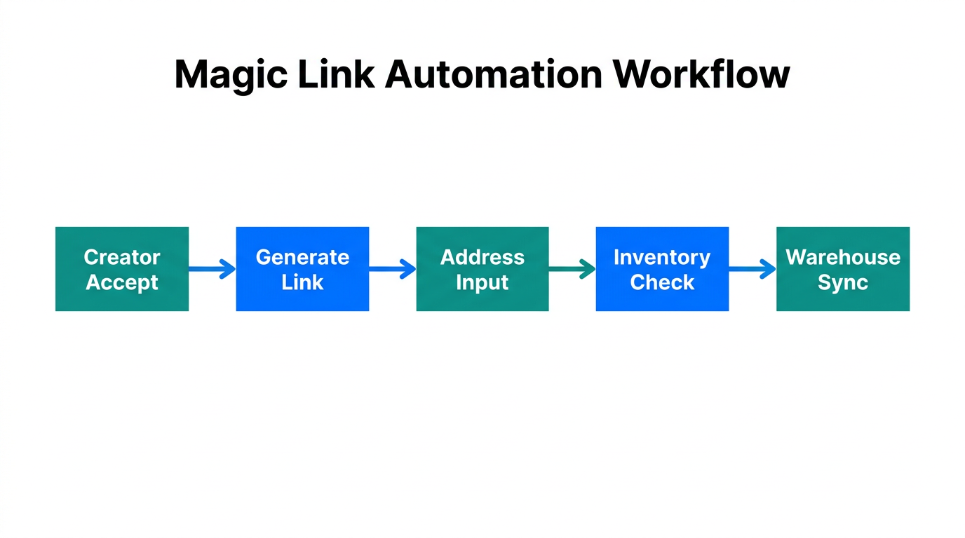 The automated workflow for processing creator shipping details via magic links.