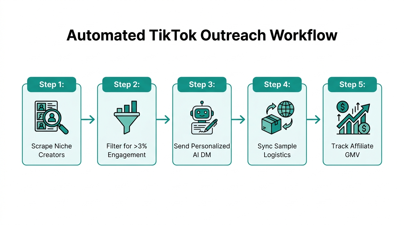 A 5-step workflow for automated TikTok Shop creator outreach.