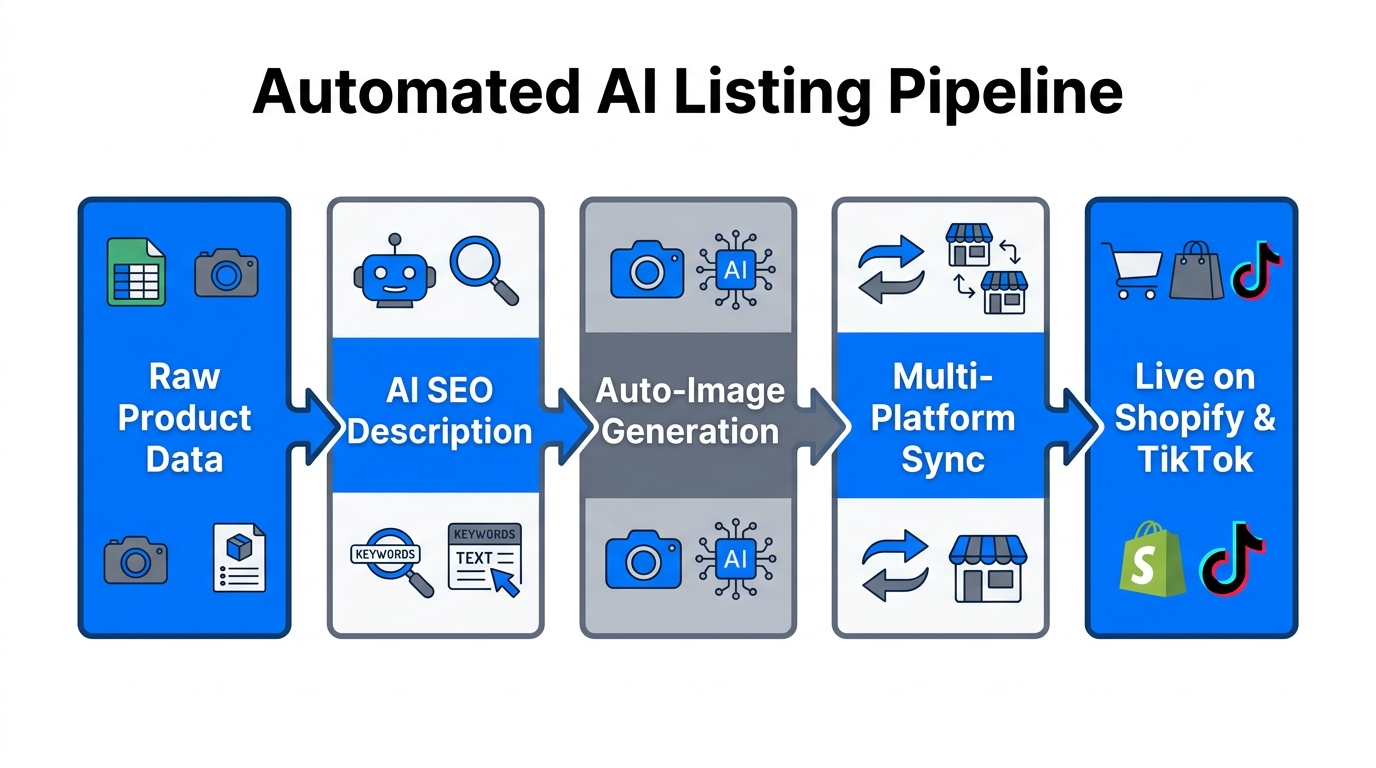 A workflow diagram showing how AI agents automate product listings.