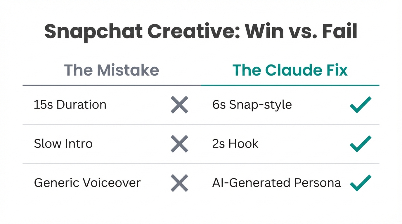 A comparison table highlighting common Snapchat ad mistakes and AI-driven solutions.