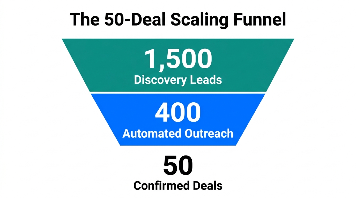High-volume outreach funnel to reach 50 monthly affiliate deals.