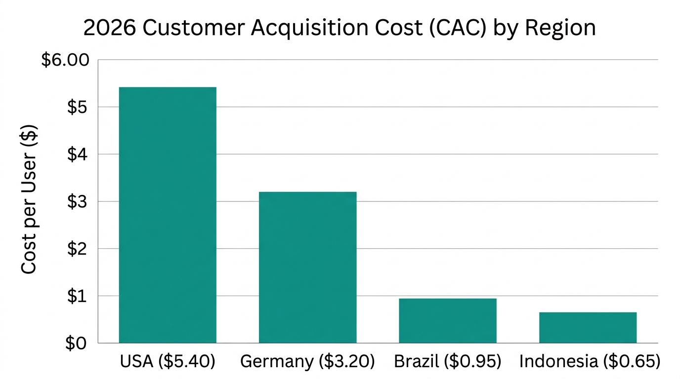 Comparison of customer acquisition costs across major global markets.