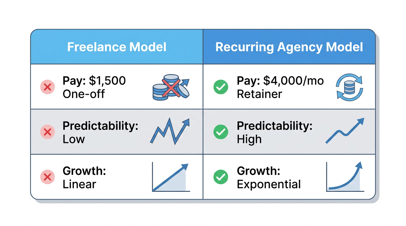 Comparison between traditional freelance billing and the $48k/mo recurring revenue model.