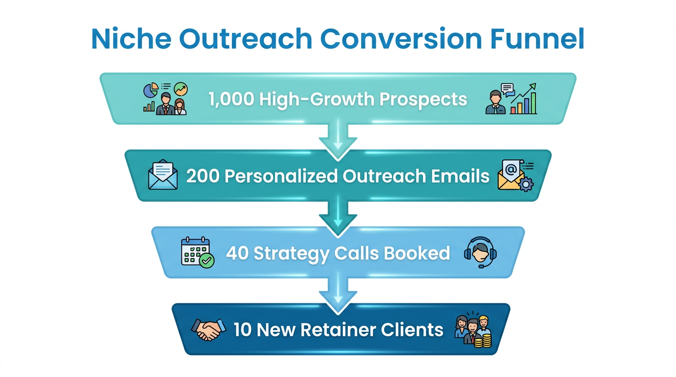 High-growth niche outreach funnel showing lead-to-client conversion benchmarks.