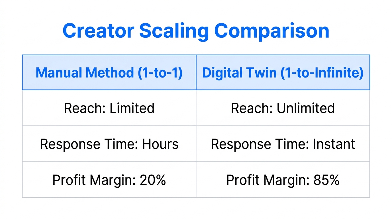 Comparison of manual creator scaling versus digital twin automation.