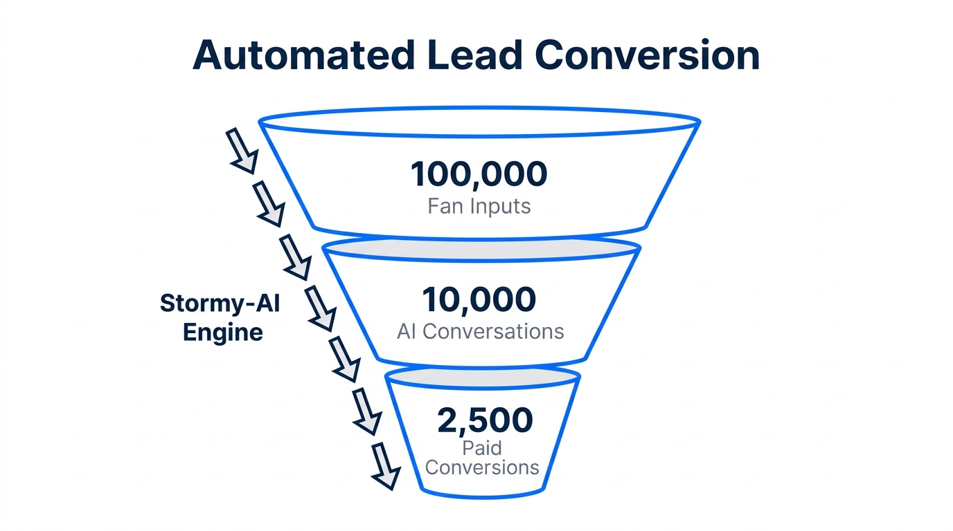 Sales funnel showing automated fan conversion at scale.