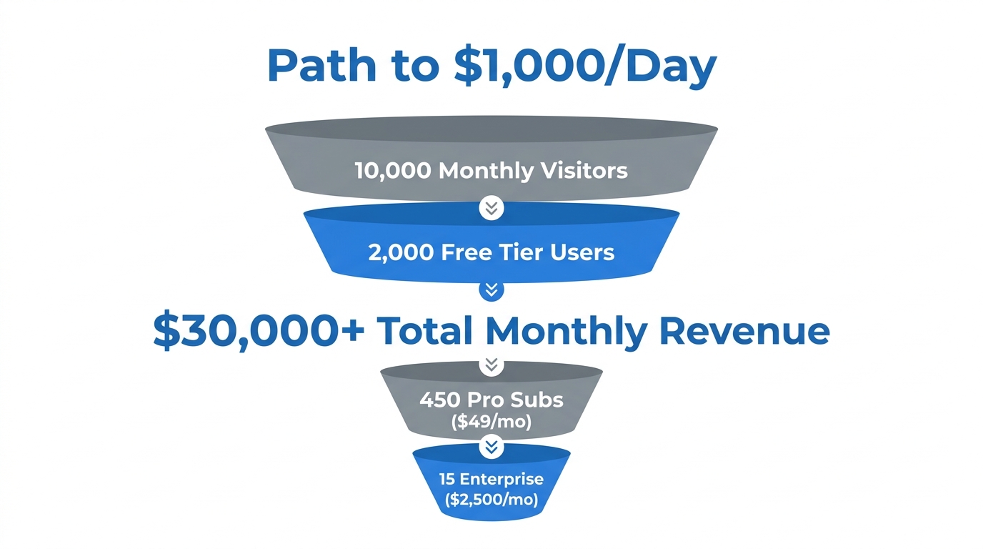 Revenue funnel showing user conversion benchmarks for a $30k monthly target.