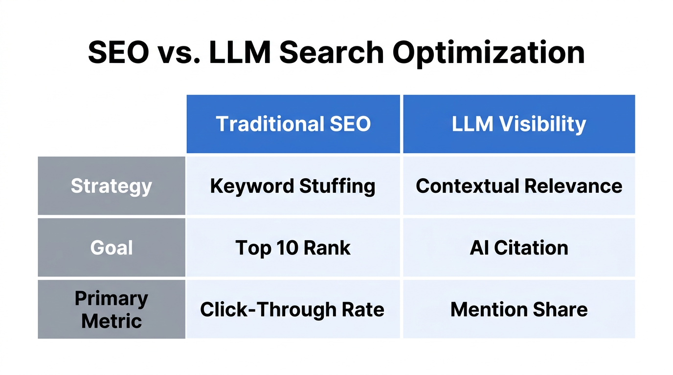Comparison of traditional search engine optimization versus LLM visibility strategies.