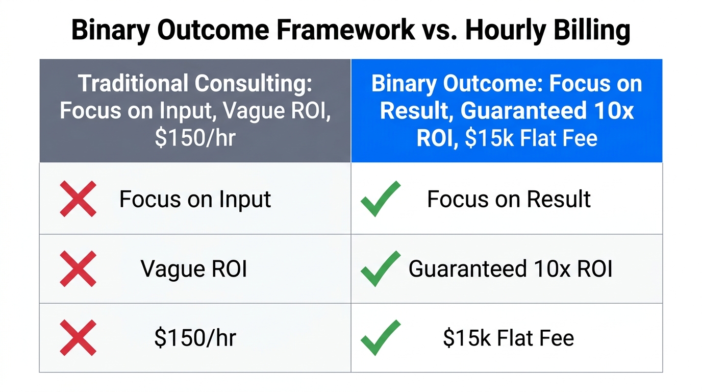 Comparison between value-based binary outcomes and traditional hourly consulting models.