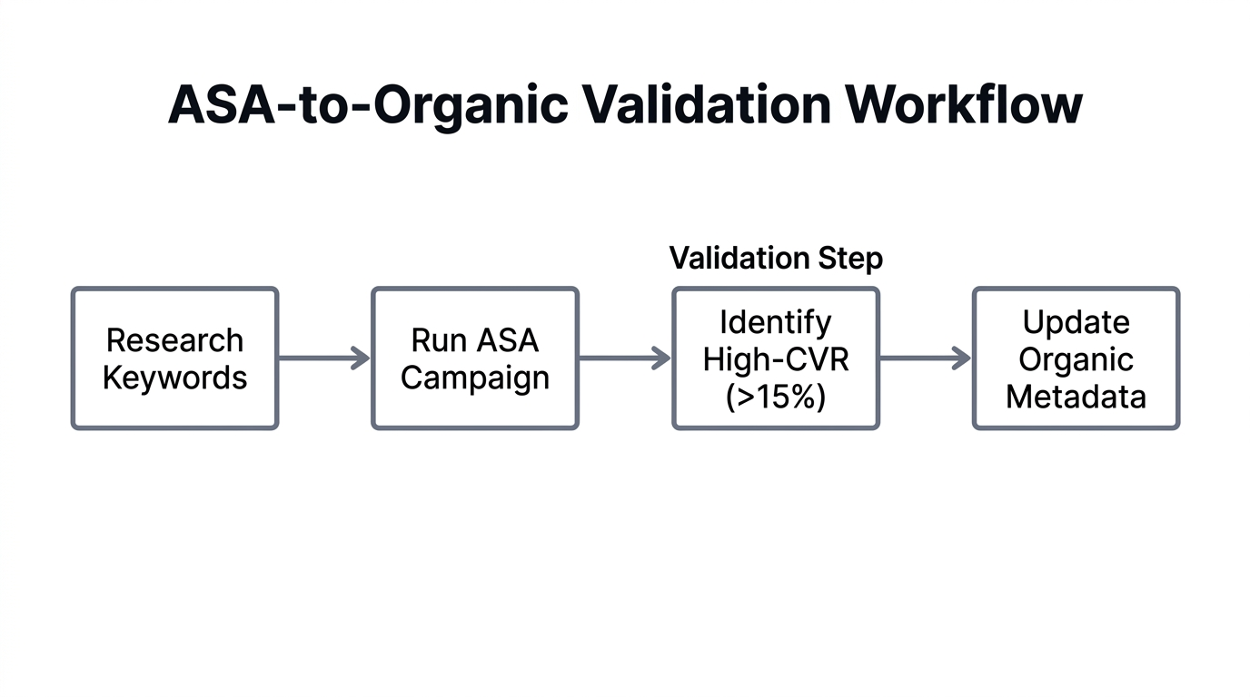 Step-by-step process for validating keyword volume using Apple Search Ads.