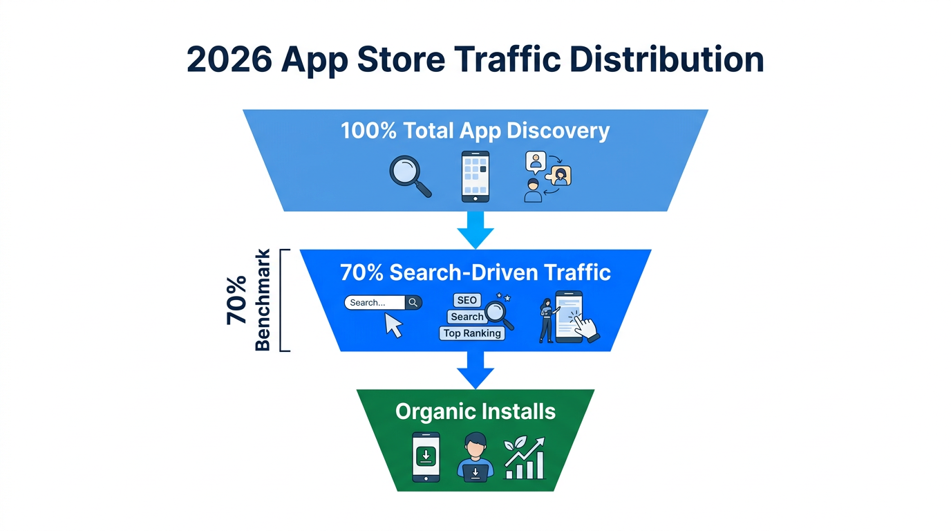 Funnel showing 70% of 2026 app traffic coming from search.