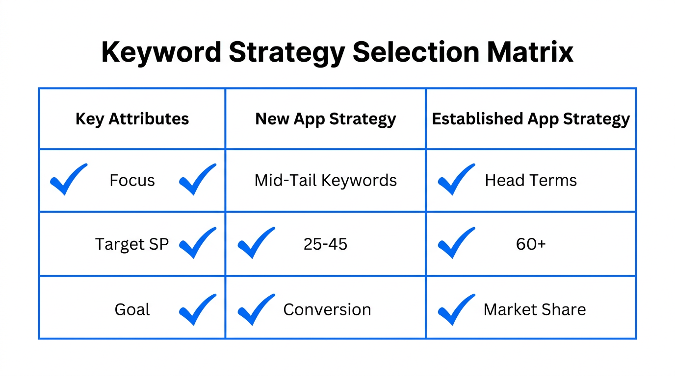 Comparison of keyword strategies for new versus established apps.