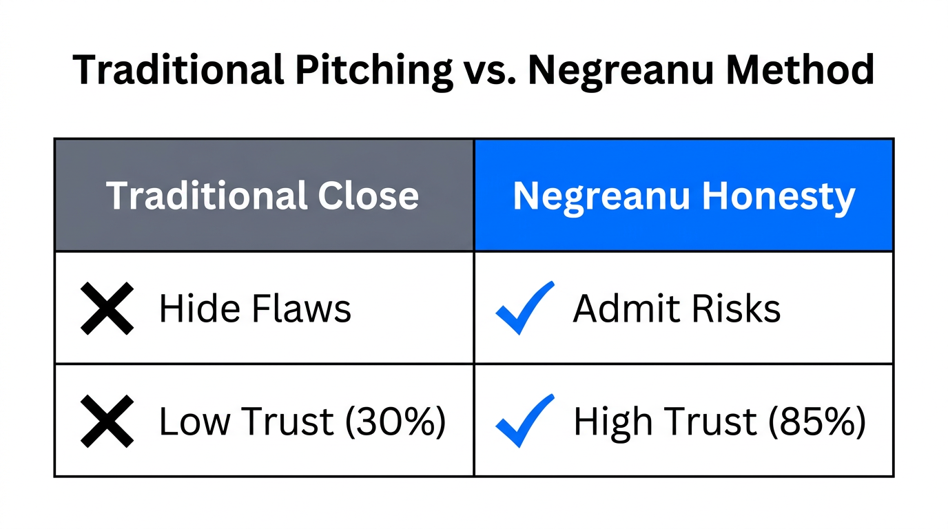 Comparison of traditional sales closing versus radical honesty techniques.