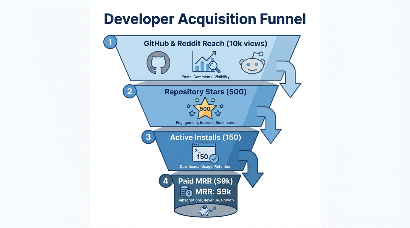 A conversion funnel showing developer growth from community reach to revenue.