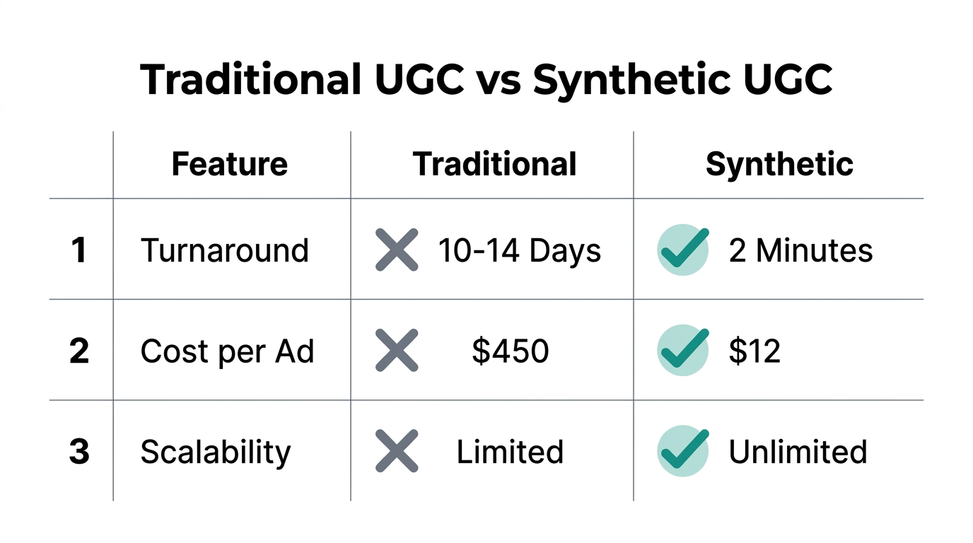 Efficiency comparison between traditional human creators and synthetic AI video.
