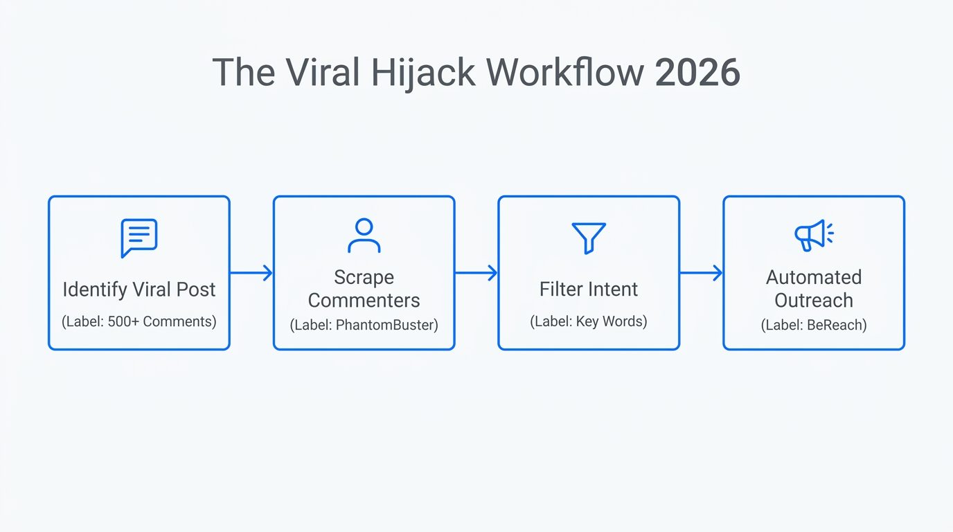 Step-by-step workflow for hijacking warm leads from viral LinkedIn posts.