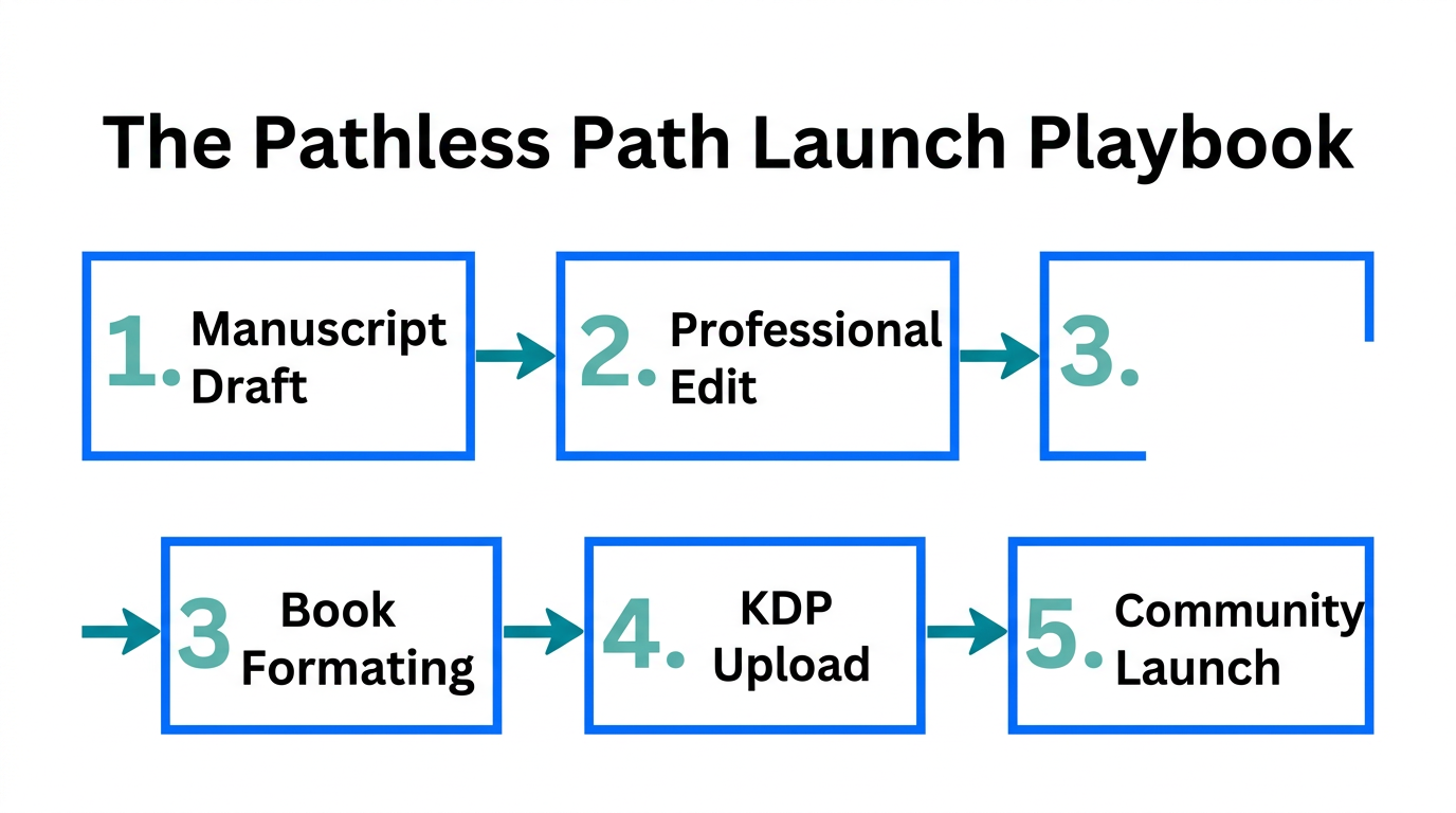 The five-step sequence for launching a book on Amazon KDP.