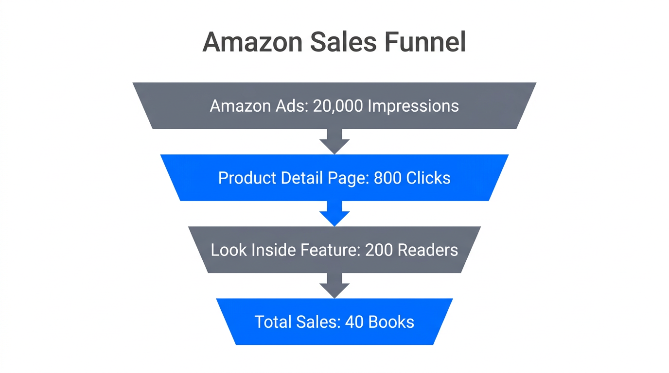 Conversion funnel from Amazon ad impressions to book sales.