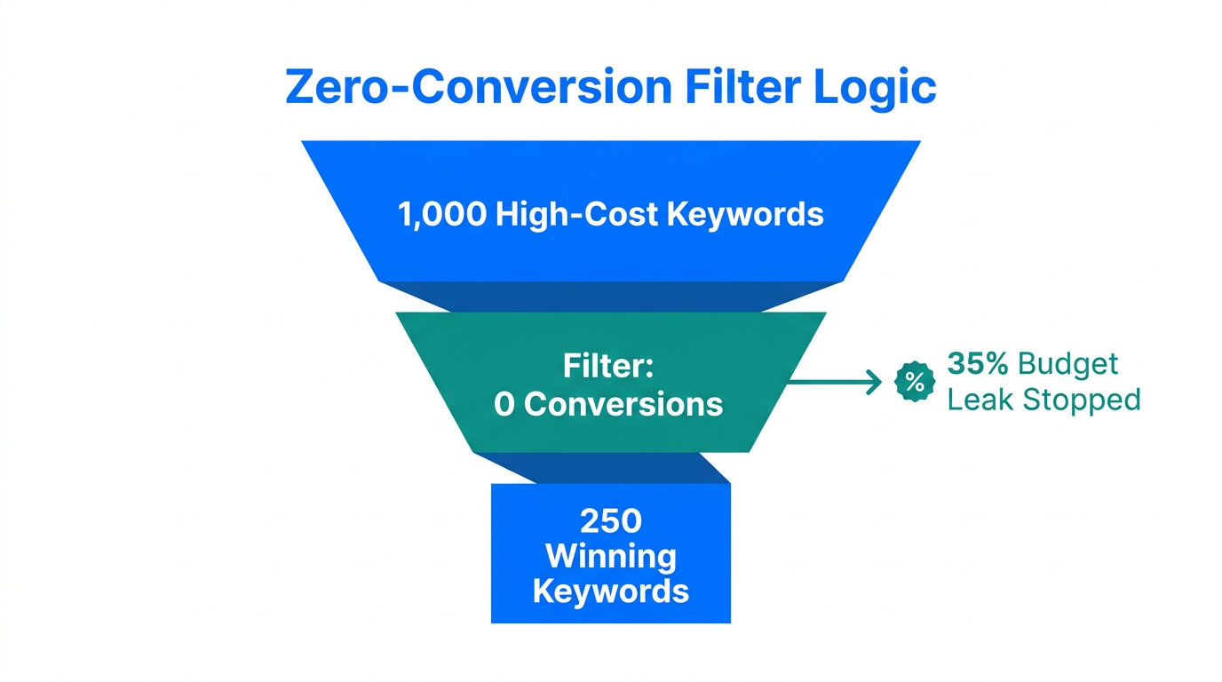 Funnel visualization of the zero-conversion filtering strategy to stop leaks.