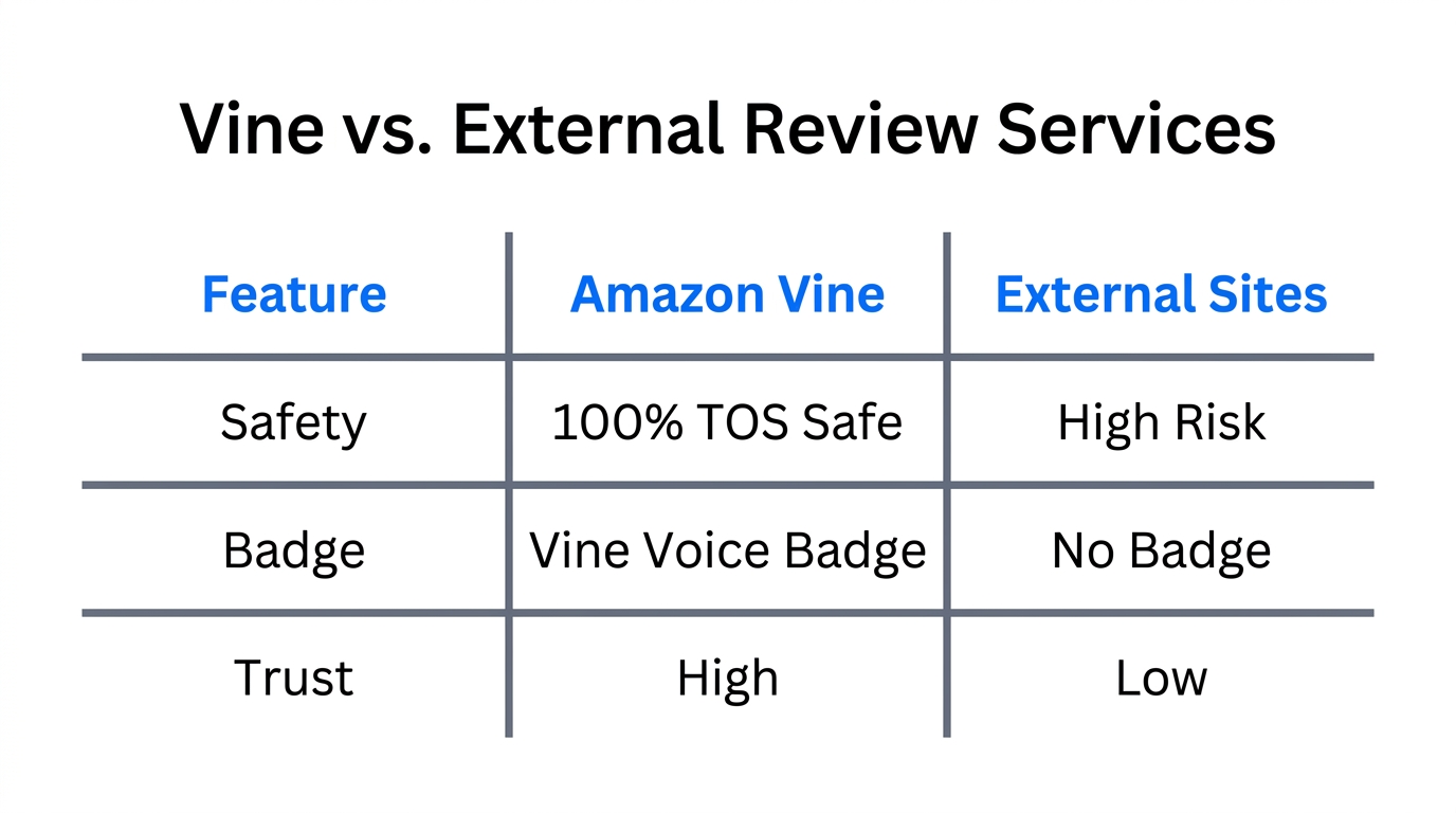 Comparing Amazon Vine's safety and credibility against third-party review services.