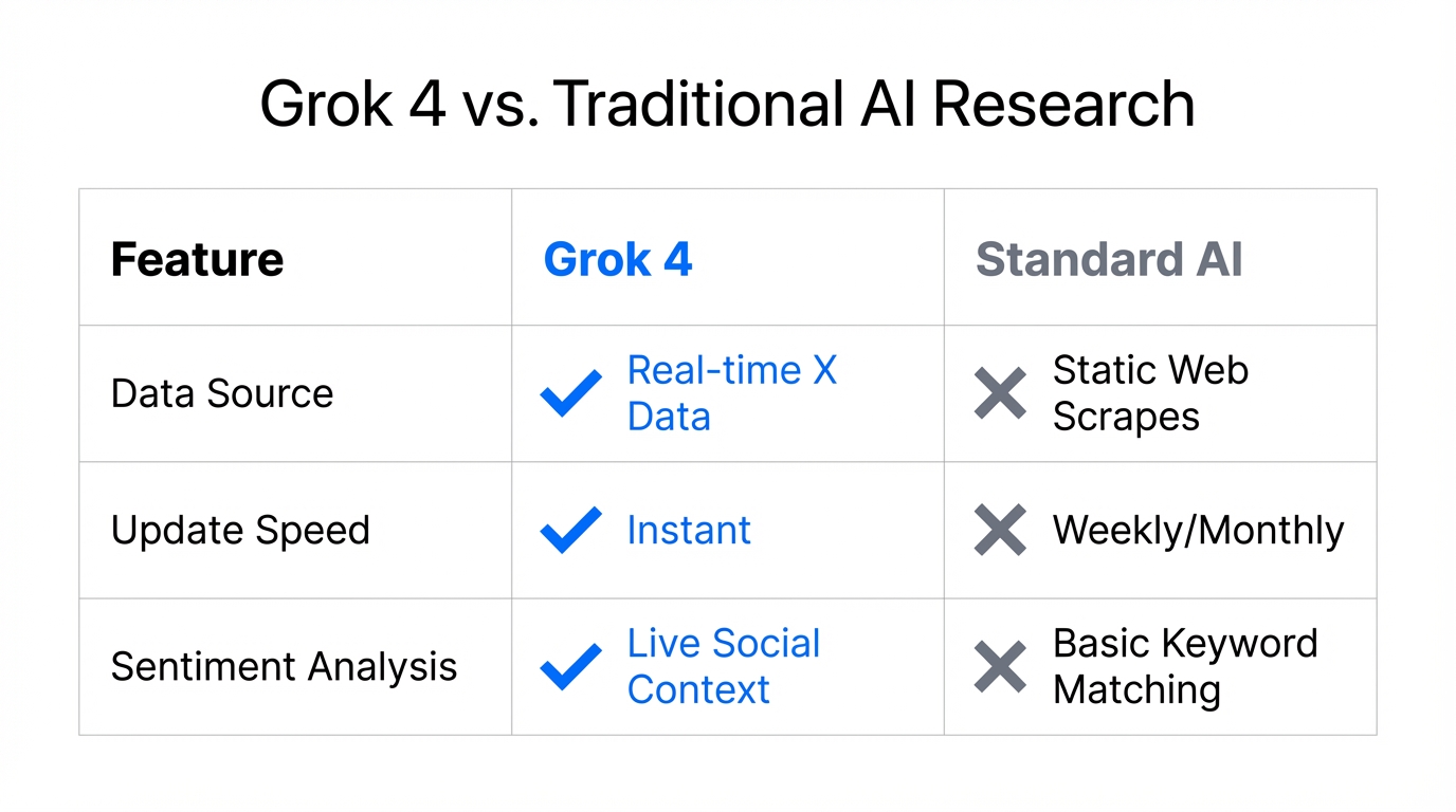 Comparison of Grok 4 real-time capabilities versus traditional research tools.