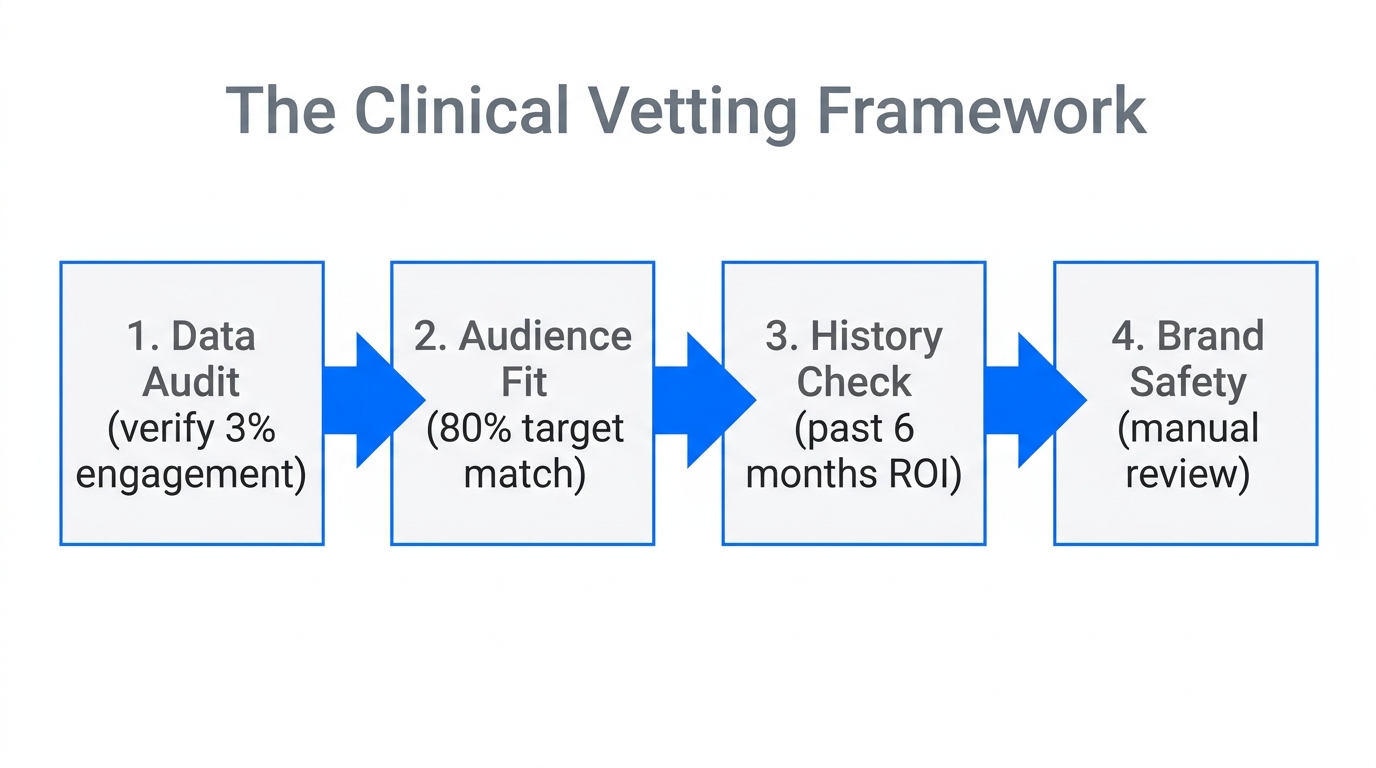 A four-step clinical framework for vetting creator performance and safety.
