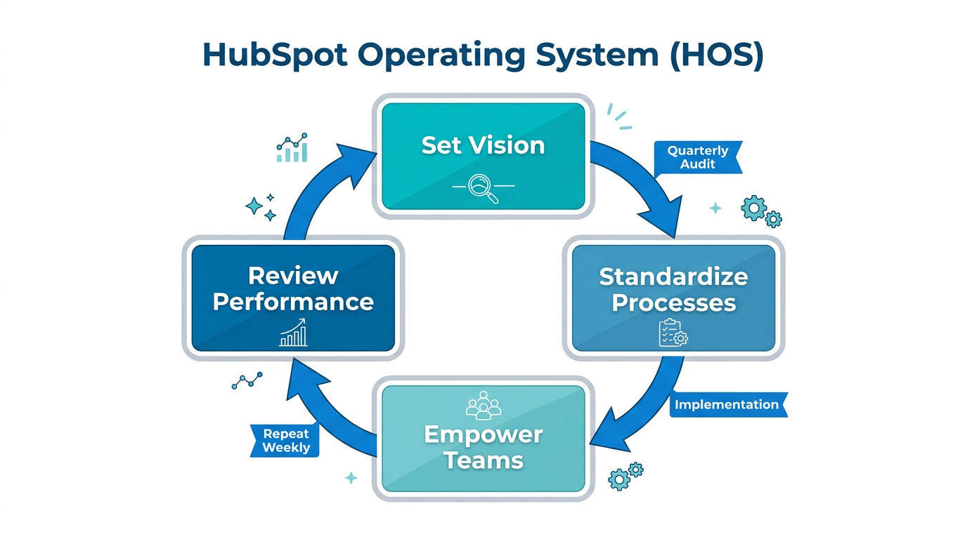 The repetitive cycle of the HubSpot Operating System for team management.