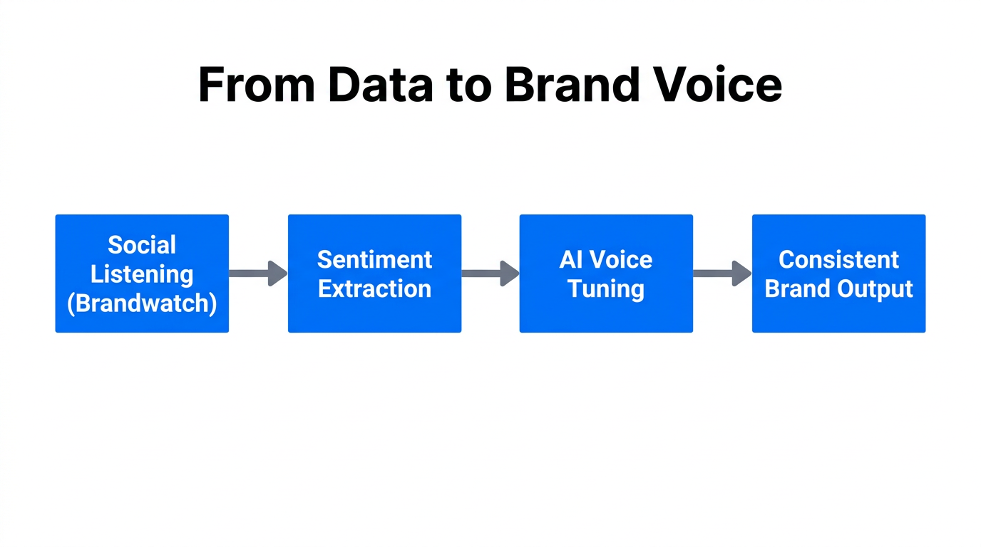A workflow diagram showing how social listening data informs AI voice.