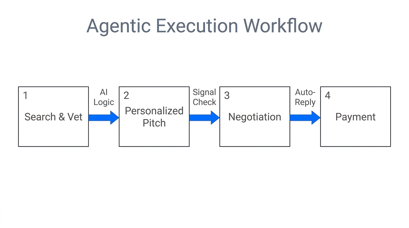 Step-by-step automation flow of agentic influencer marketing execution.