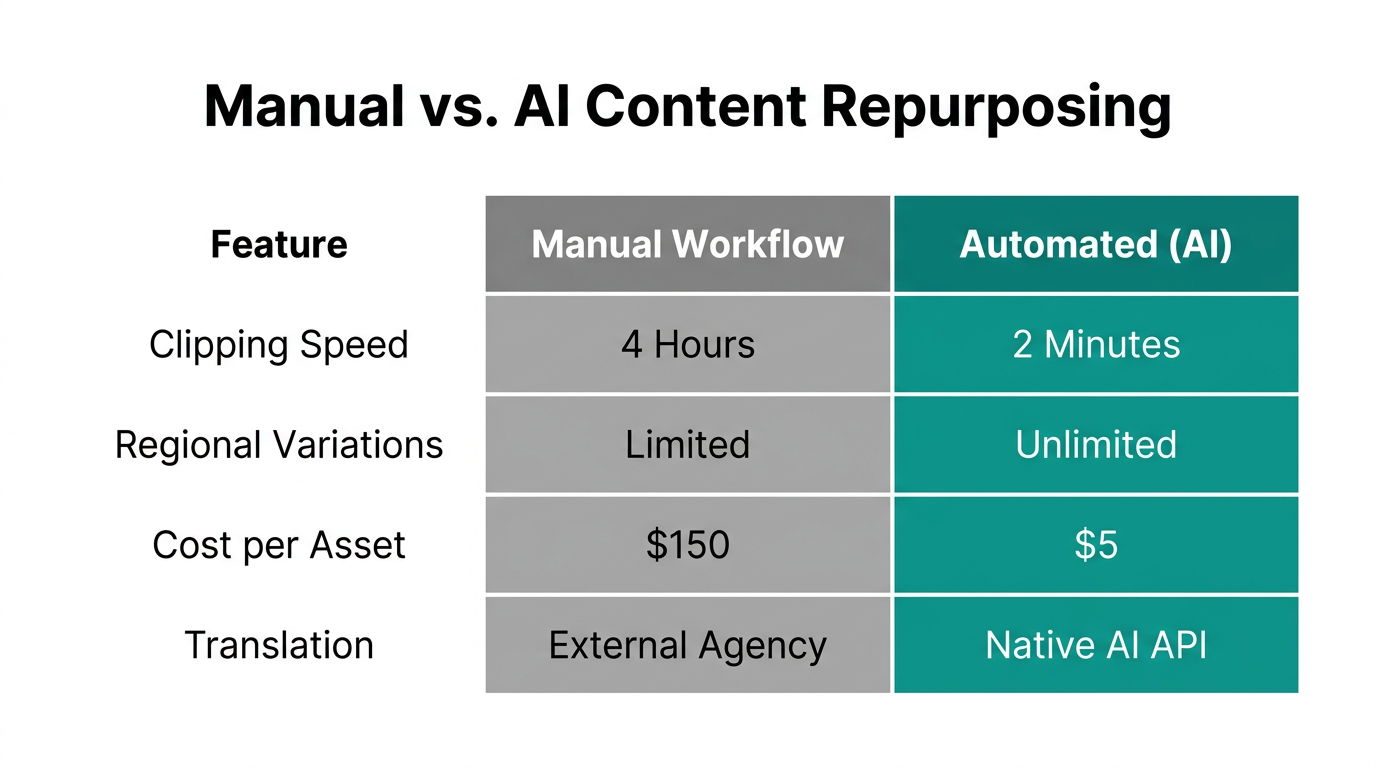 Efficiency comparison between manual content repurposing and AI-driven automation.