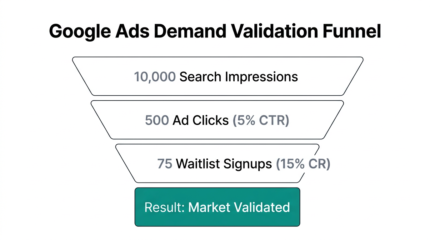 Validation funnel showing conversion benchmarks for new SaaS ideas.