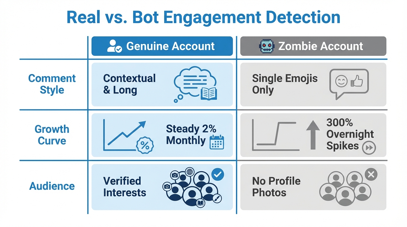 Key differences between organic audience growth and bot-driven engagement metrics.