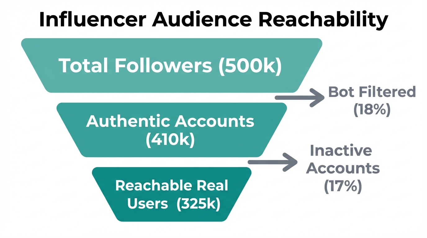 Funnel analysis illustrating the reduction from gross followers to reachable users.