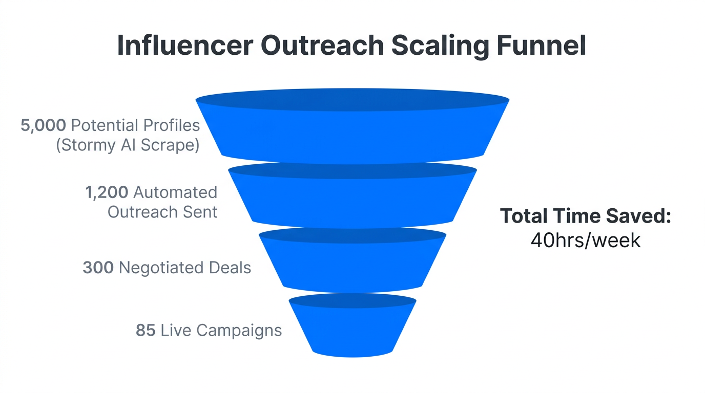 Conversion funnel showing scaling from thousands of prospects to live campaigns.