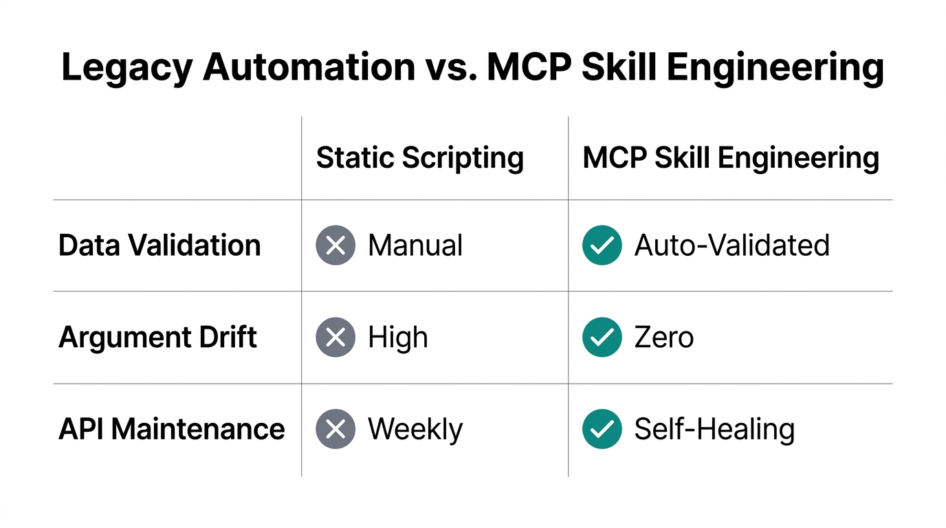 Comparison of data reliability between legacy scripts and MCP skills.