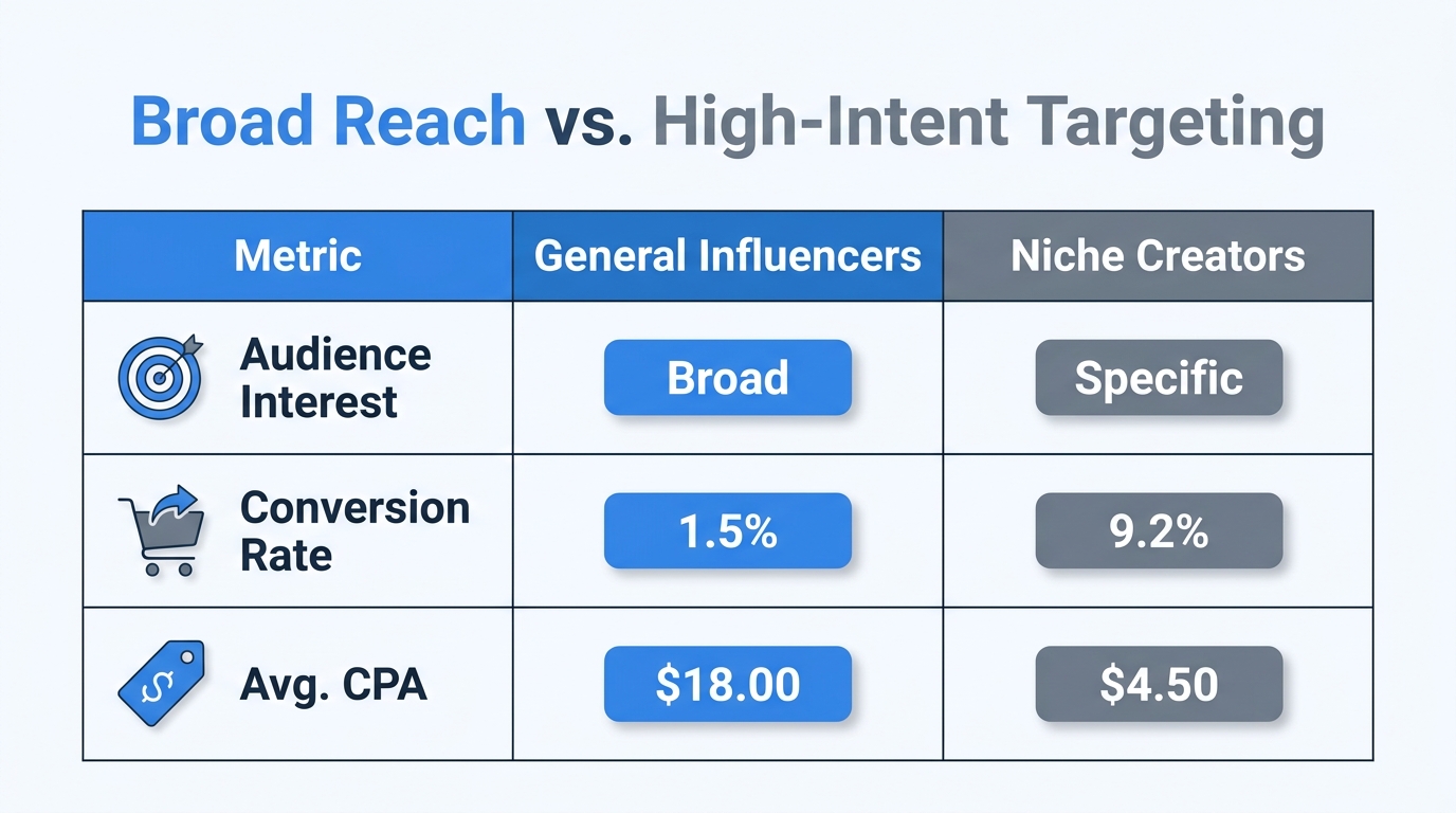 Efficiency comparison between broad reach and niche influencer targeting.