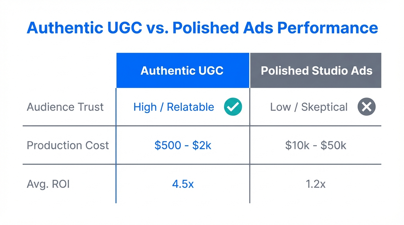 A comparison showing why authentic user-generated content outperforms traditional polished ads.