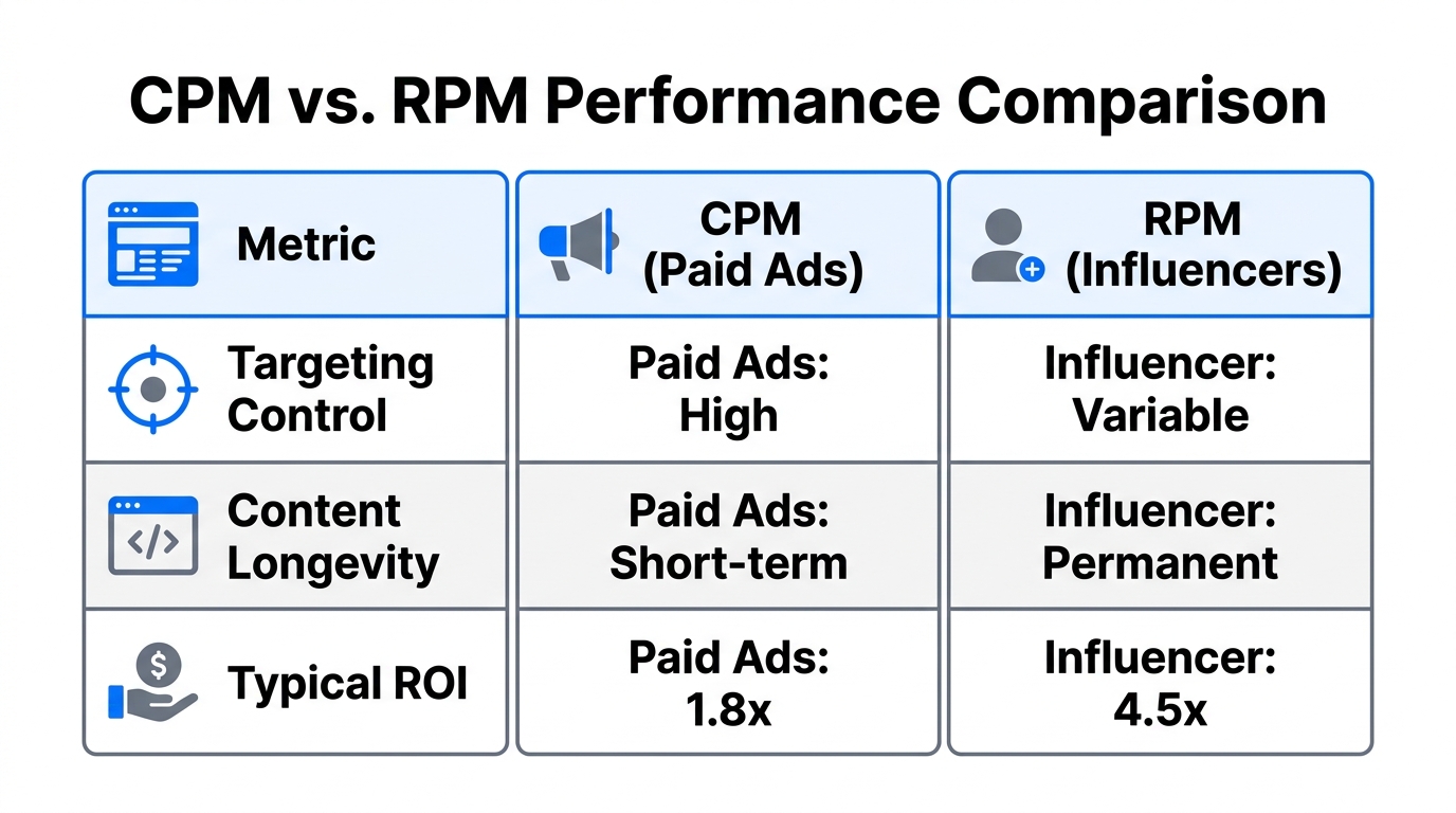 Efficiency comparison between traditional paid CPM and influencer RPM models.