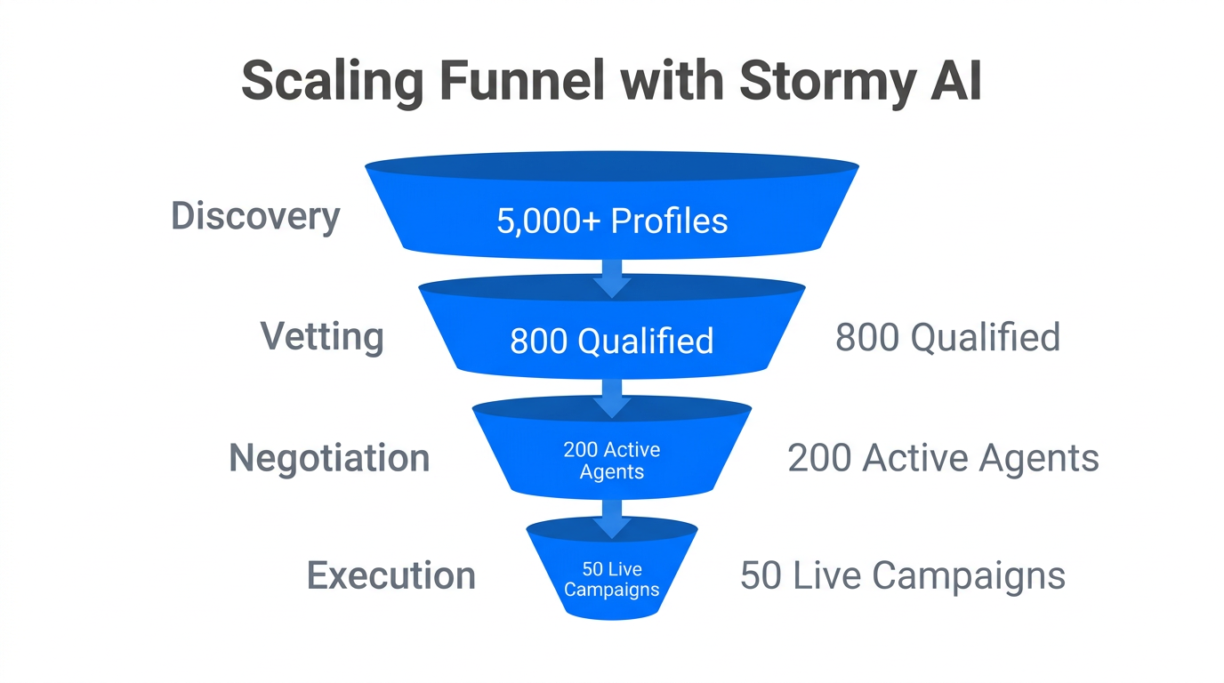 Automated funnel showing how AI agents scale creator discovery and management.