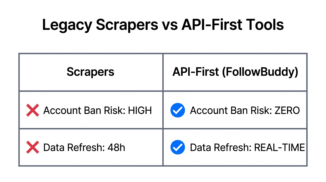 Comparison of legacy scraping tools versus modern API-first safety standards.