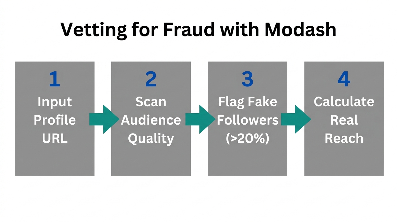 Step-by-step workflow for identifying influencer fraud and real audience reach.