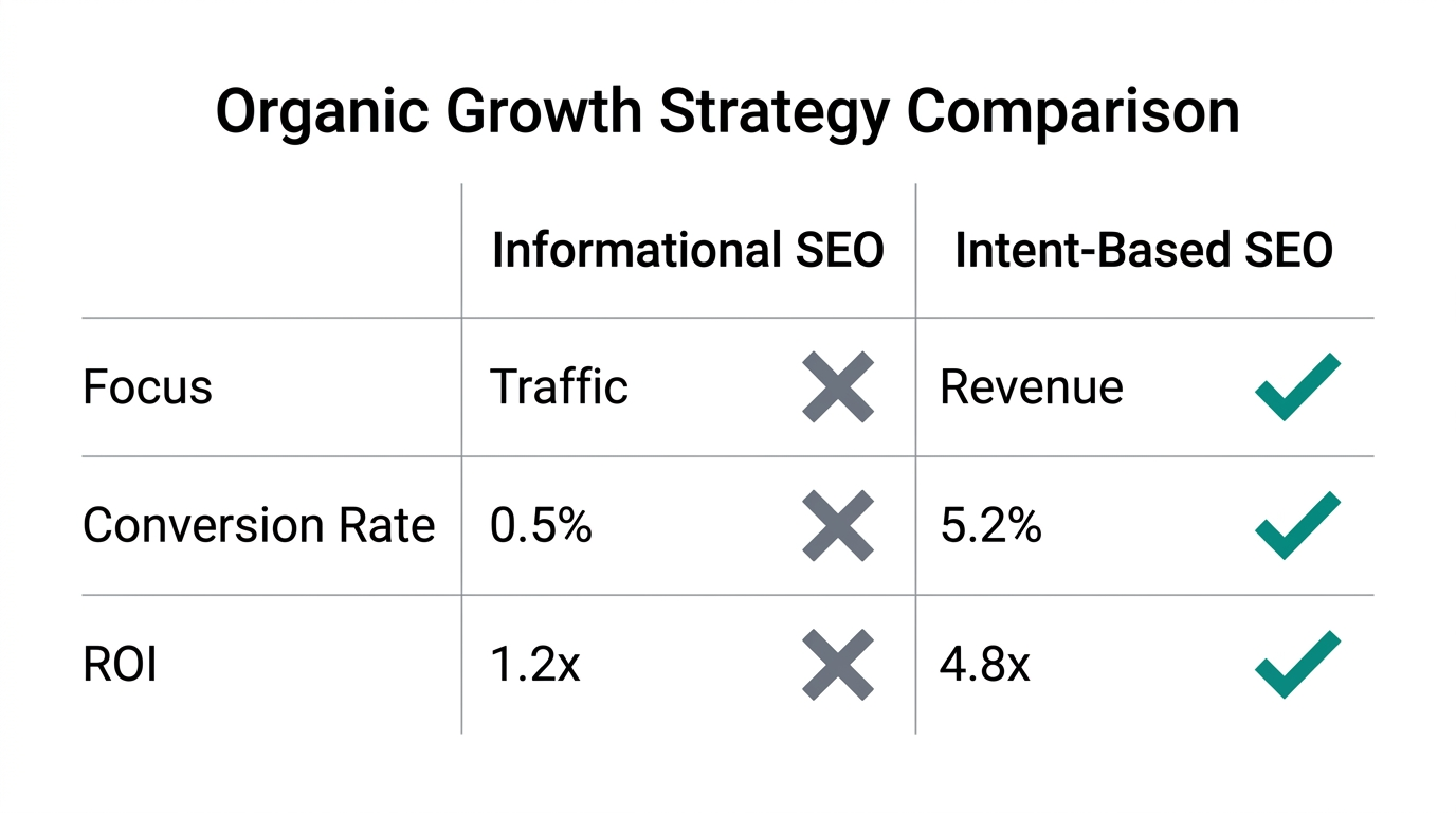 Performance breakdown of informational versus intent-based SEO strategies.