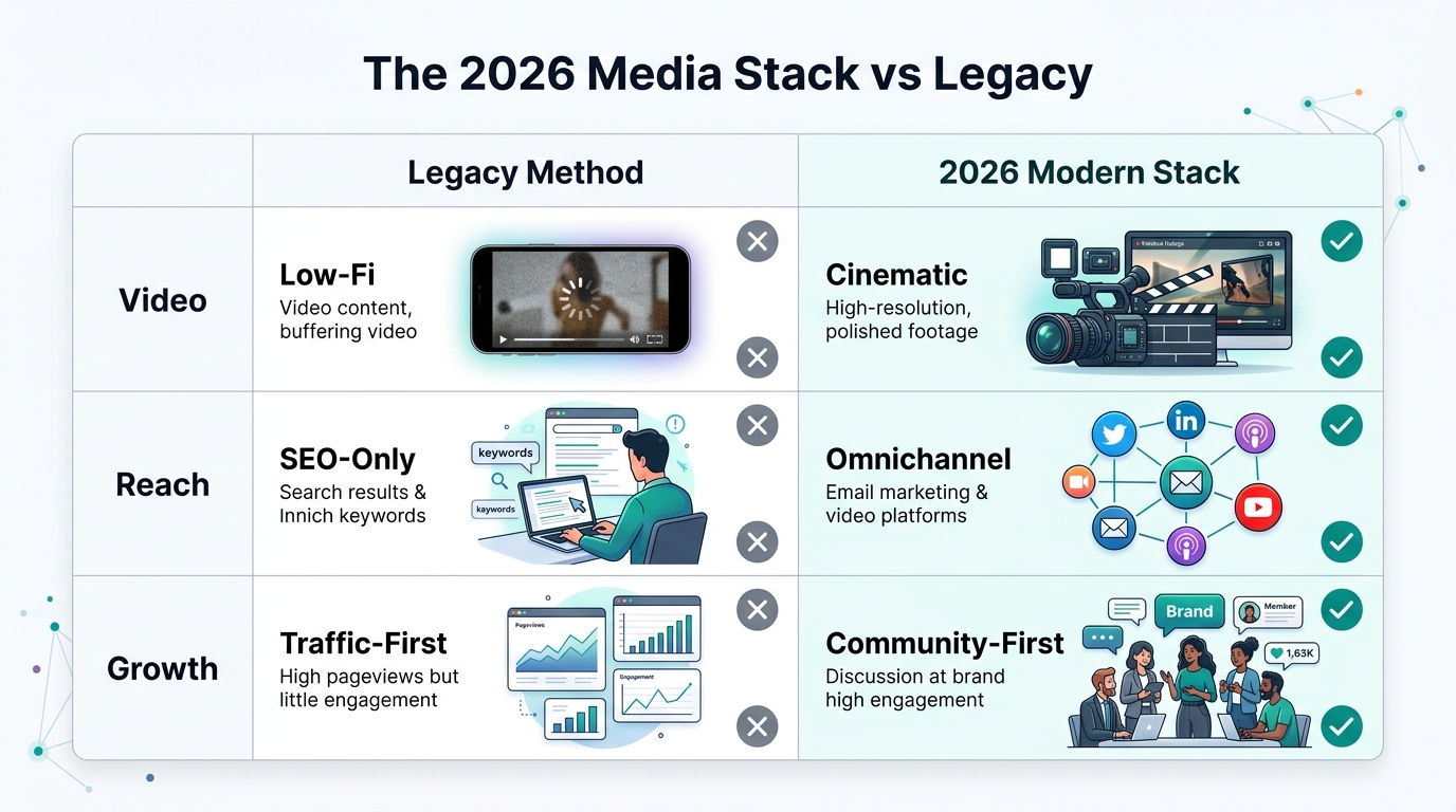 Comparison between outdated marketing tactics and the 2026 modern media stack.