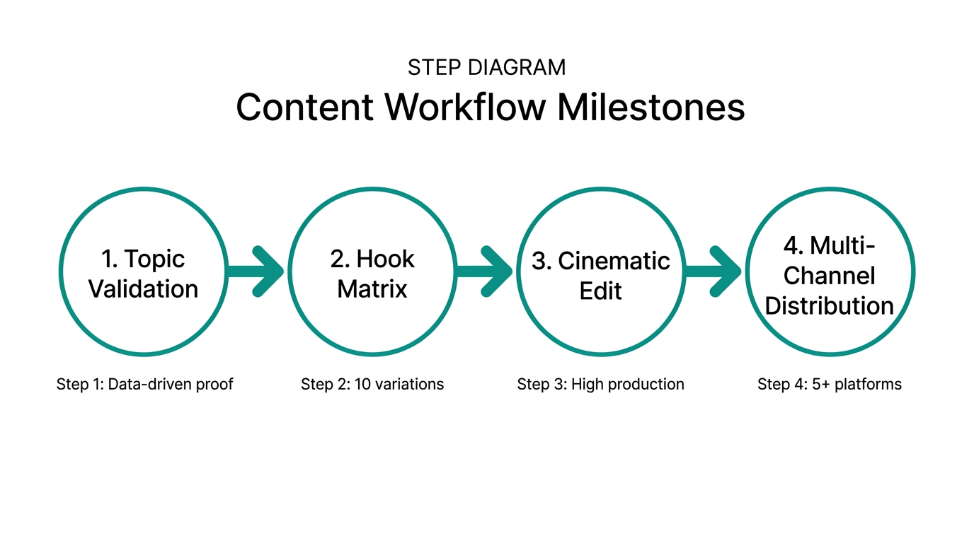 Simplified four-stage content workflow from validation to distribution.
