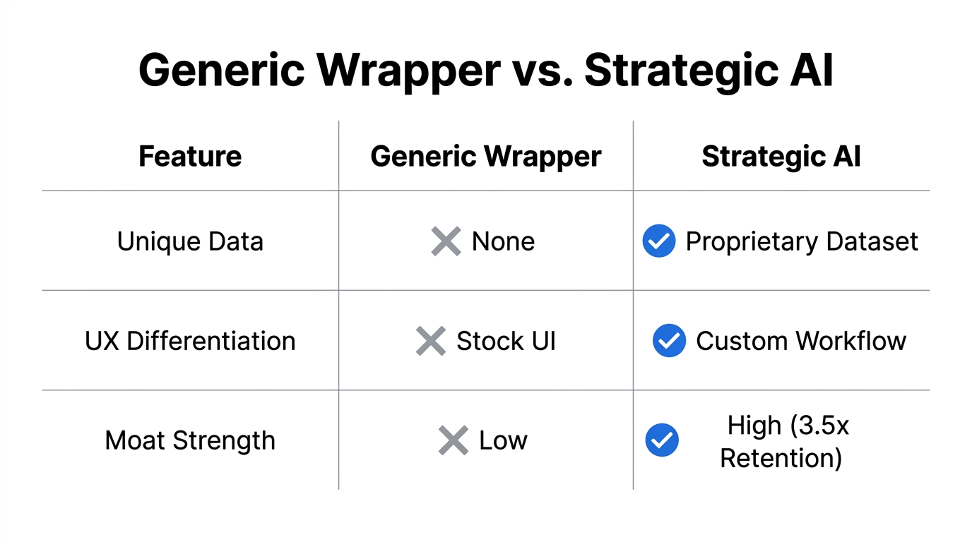 A comparison of defensibility between generic wrappers and strategic startups.
