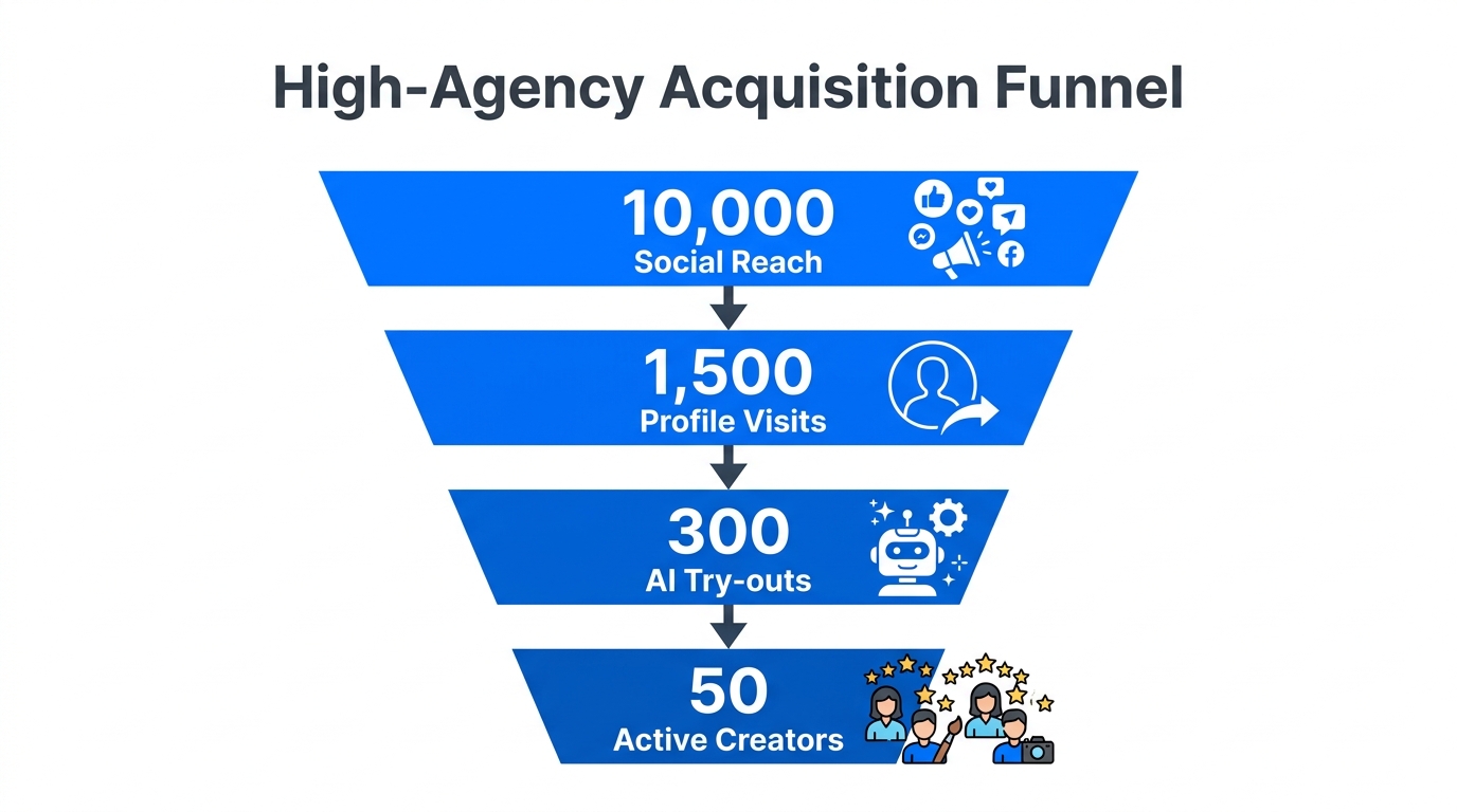 Marketing funnel data showing conversion from reach to active creators.