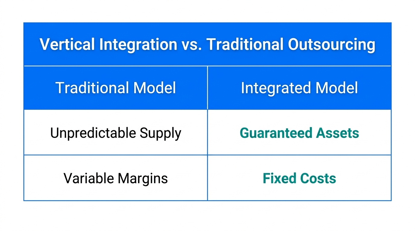 Comparison of traditional supply chains vs. Bragg's vertical integration model.